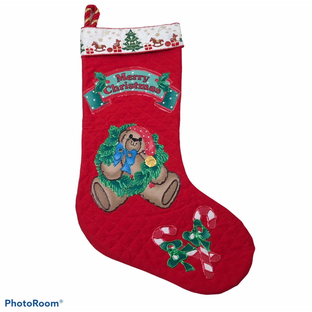 Vintage Homemade Quilted Red Christmas Bear Stocking